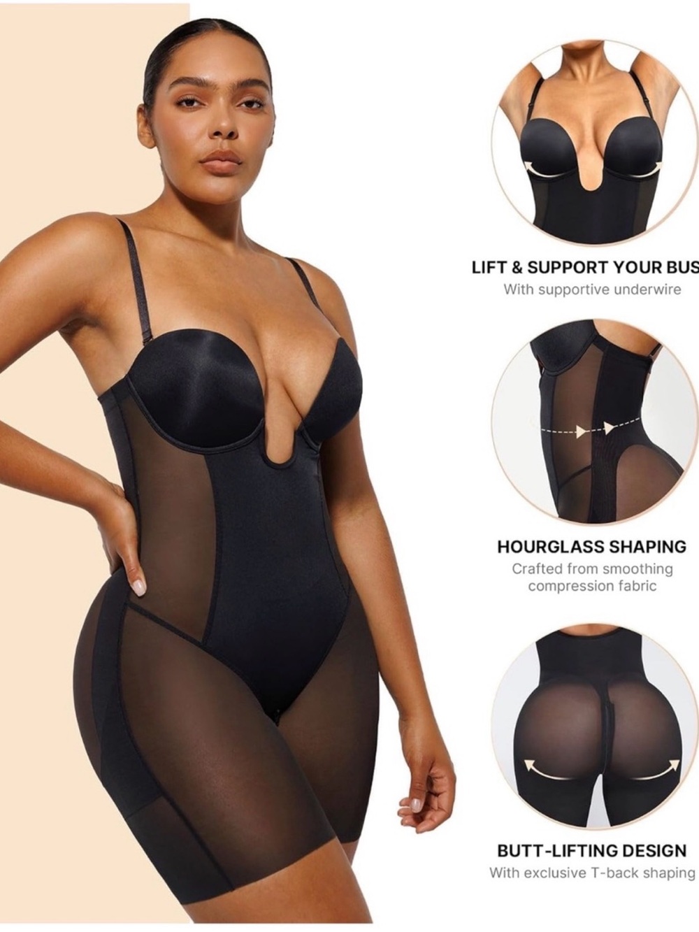 Shapellx Smooth Black U-Plunge Shaping Bodysuit with Sheer Panels NWOT